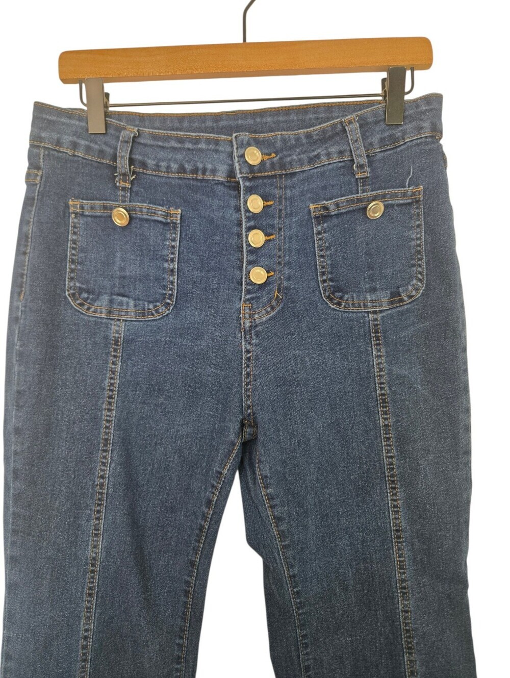 👖 Y2K Dark Wash High Rise Button Fly Flare Jeans XL - Picture 2 of 4